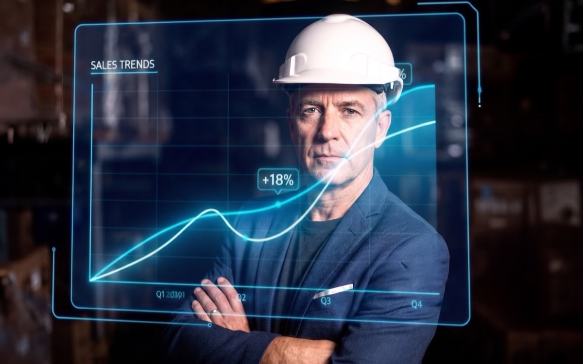 Industrial leader reviewing sales trends on a digital dashboard