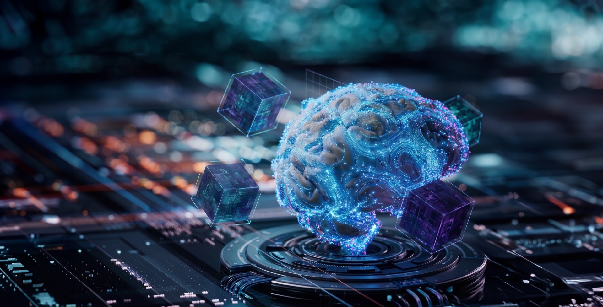 Futuristic AI brain with data cubes and glowing digital networks